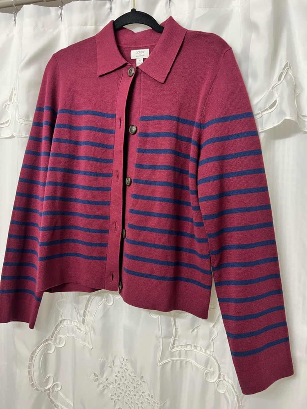 J.Crew Striped Cotton Sweater Cardigan Red Blue Collared Button Front Medium NWT - Picture 6 of 13